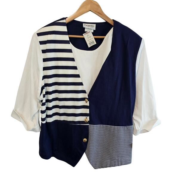 Vintage Paquette Blouse Women 1X Blue Striped 90s Retro Preppy Academia Nautical - Picture 1 of 10